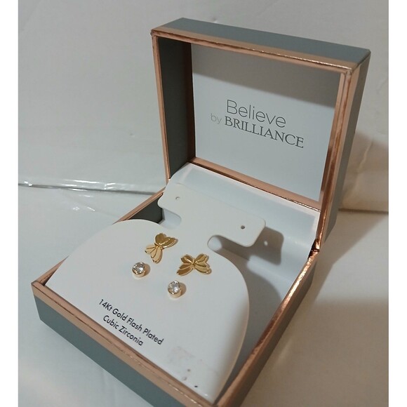 Believe 14Kt Gold flash plated cubic zirconia Butterfly and stud earrings - Picture 2 of 3